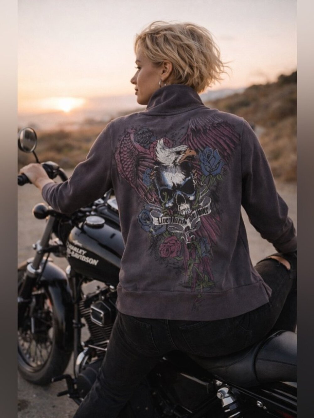 Y2K Harley Davidson Zip Up Sweater Jacket Grey Skull Rose Print Biker Grunge